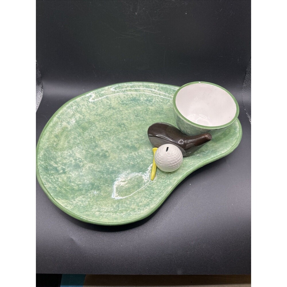 Vintage Briggs Pottery Sculpted Golf Serving Plate Tray Chip And Dip Tray Tee